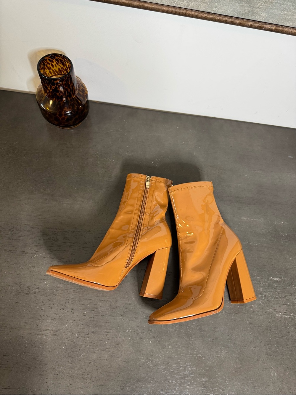 Fashion Nova Patent Pointed Toe Ankle Boots in Tan